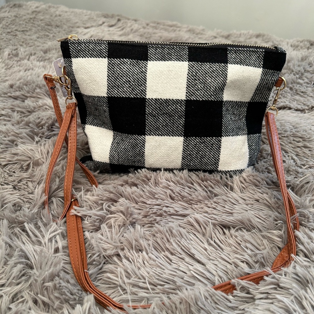 Buffalo Plaid Crossbody Bag – Black & White Checkered Purse with Leather Strap